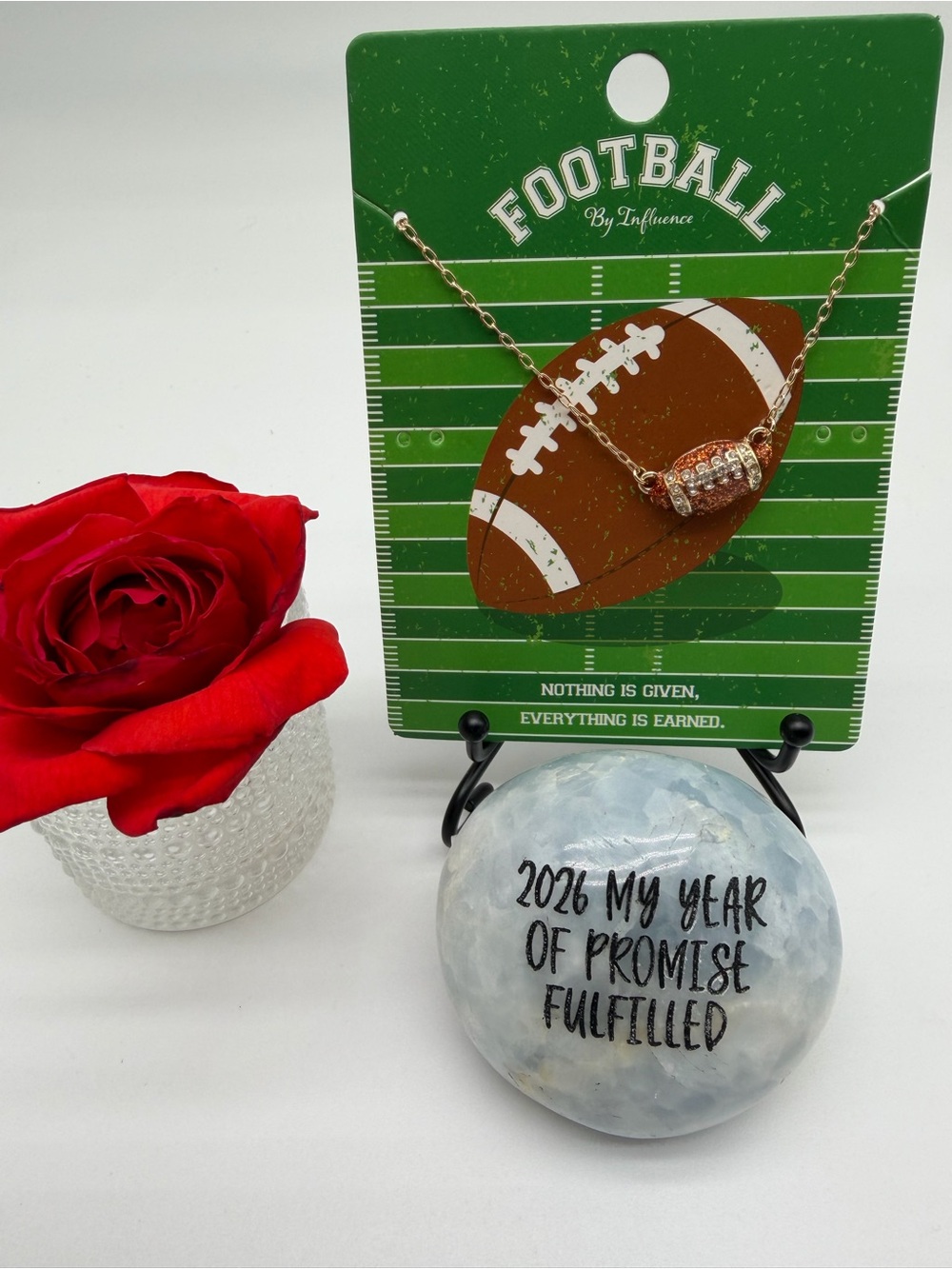 Football Charm Necklace; Gold and Crystal Accent; gold plated zinc alloy 17”